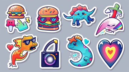 This cartoon modern acid design badge set includes a funny burger, a dinosaur and mushrooms, as well as a heart shaped enclosure and a crazy dancer.