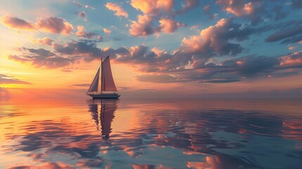 Serene dawn at sea, a single yacht with billowing sails reflects on calm waters - obrazy, fototapety, plakaty
