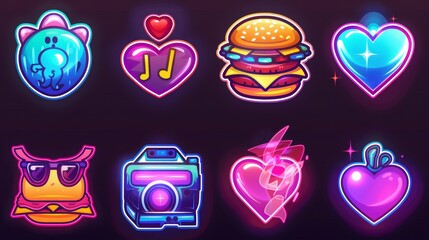 An assortment of retro rave stickers with psychedelic burgers, dinosaurs, mushrooms, vintage audio tapes, heart-shaped glasses, crazy dancers, and strange creatures. Modern acid design style. - obrazy, fototapety, plakaty