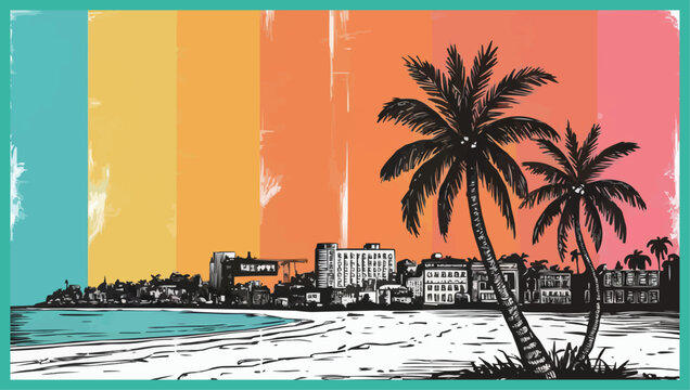 The spectrum rainbow color a monochrome sketch depicts a city beach with buildings and coconut trees a perfect design