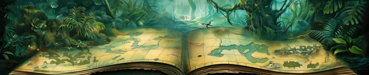 The legend of a hidden treasure in an ancient jungle, with maps and puzzles that engage kids in interactive reading - obrazy, fototapety, plakaty