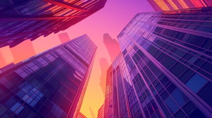 The setting sun illuminates the low angle view of skyscrapers against a purple sky reflecting in the glass windows of highrise buildings. The buildings upwards were designed in highrise urban