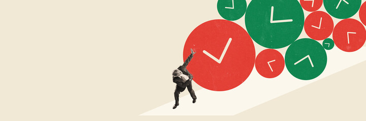 Elderly businessman running away from many clocks. Conceptual creative design. Pressure and urgency...
