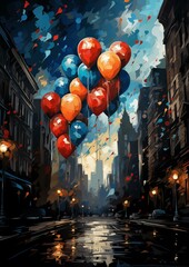 Independence day, balloons flying over city street, celebration nightlife traffic dusk travel destinations