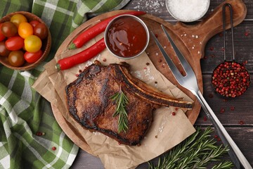 Tasty grilled meat, rosemary and marinade served on wooden table, flat lay