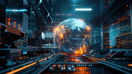 A holographic Earth in a scifi lab, with dynamic fire lines wrapping the globe, casting an eerie glow on the surrounding technology - obrazy, fototapety, plakaty