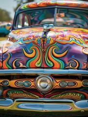 A vintage car show where the vehicles are painted in psychedelic patterns and vibrant colors