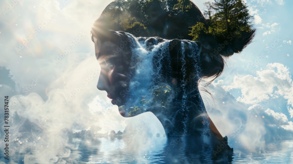 Poster a womans face is depicted in the foreground with a majestic waterfall visible in the background. the