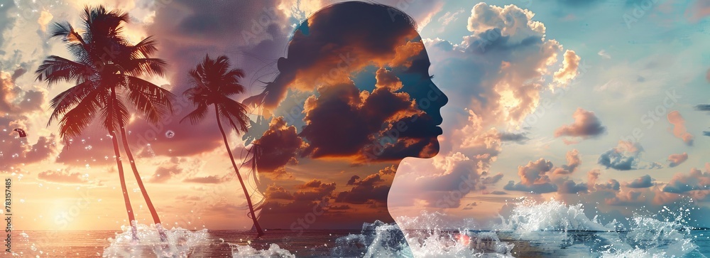 Poster A double exposure showcasing a mans face blending into the ocean waves with palm trees in the background. The mans features are intricately intertwined with the natural elements, creating a unique and