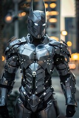Fototapeta premium Hightech knight in urban twilight, sleek armor reflecting citys pulse, silent and watchful