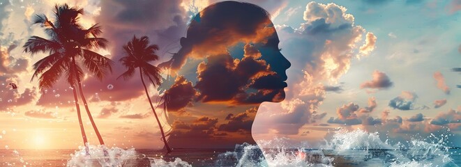 A double exposure showcasing a mans face blending into the ocean waves with palm trees in the background. The mans features are intricately intertwined with the natural elements, creating a unique and