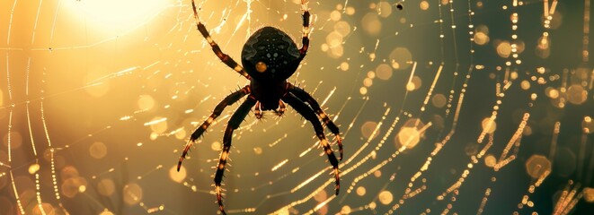 A spider is in the center of a web with a blurry background. The spider is black and brown and he is in the middle of the web - Powered by Adobe