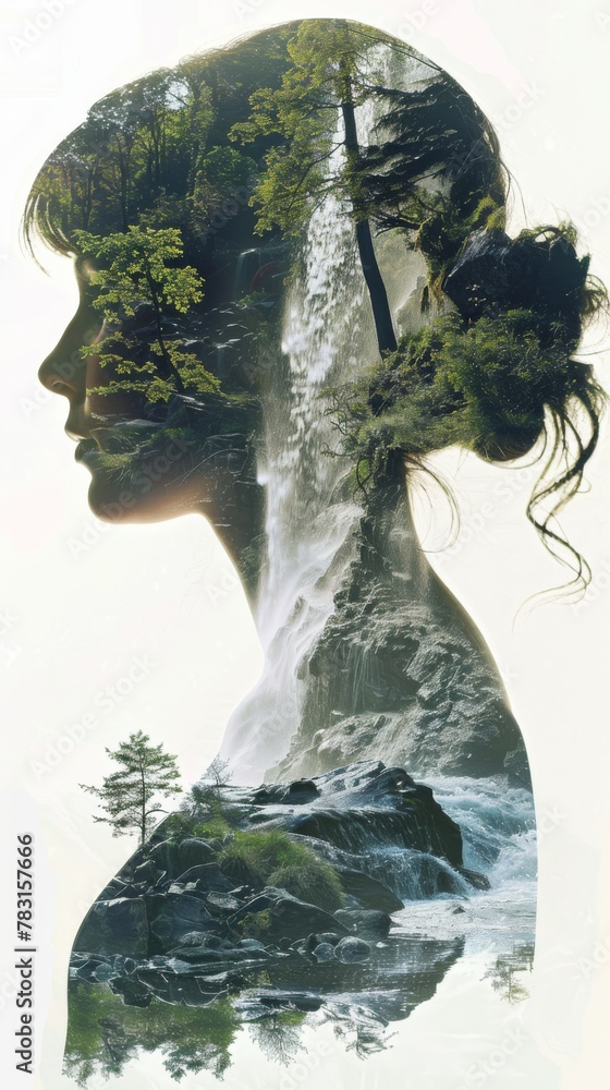 Poster a close-up of a womans face with a majestic waterfall in the background, creating a stunning double 