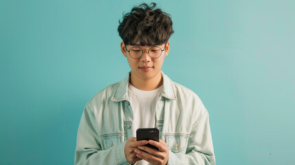 Fototapeta premium Young Asian man using smartphone on pastel blue background