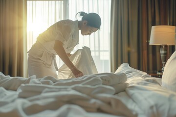 Hotel maid changing bed linen with precision in a sunlit, cozy room. Maid Changing Bed Linen in Sunlit Hotel Room - obrazy, fototapety, plakaty