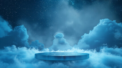 3d blue podium on background of clouds and stars, space for product presentation, night sky...