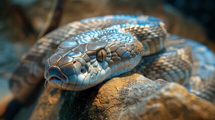 Obraz premium Python coiled on a rock with detailed scales in a serene habitat 