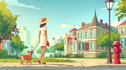 Rucksack Woman with dog on pavement walk in town near park in summer on a city street sidewalk illustration background. Cartoon modern illustration of urban road with traffic light and fire hydrant. © Mark