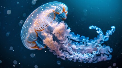 Ethereal jellyfish floating in deep blue water with glowing patterns
