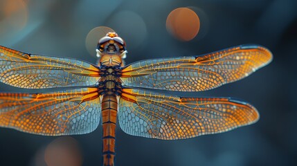 Close-up of a dragonfly with translucent wings against a bokeh light backdrop