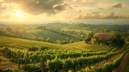 A realistic stock photo showing a vineyard in the countryside with rows of grapevines, green...