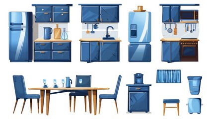 Modern flat design with blue cupboard and cooking appliance kit in the kitchen room cartoon modern interior set. Isolated home dining furniture illustration on white background.