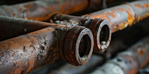 Close-up Old rusty pipes in an apartment. Renovation of dilapidated housing, replacement of plumbing and pipes. 