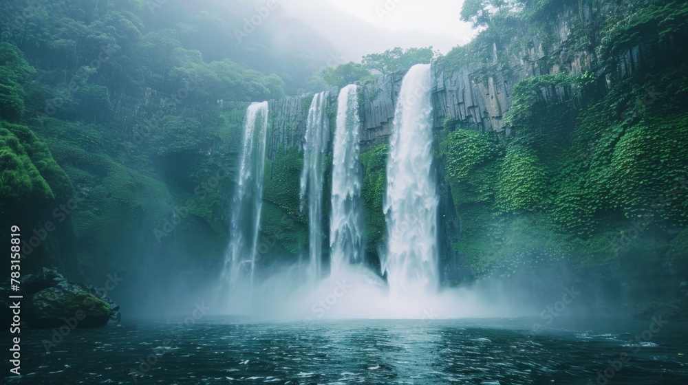 Poster A powerful waterfall cascading down into a body of water, creating ripples and splashes. The surrounding area is lush with greenery, enhancing the natural beauty of the scene.