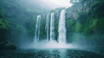 A powerful waterfall cascading down into a body of water, creating ripples and splashes. The surrounding area is lush with greenery, enhancing the natural beauty of the scene. - Powered by Adobe