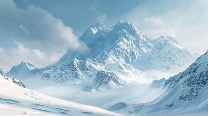 A snow-covered mountain range stands tall under a cloudy sky. The peaks are covered in white snow, contrasting against the gray clouds overhead. The landscape exudes a sense of cold and desolation, wi - Powered by Adobe