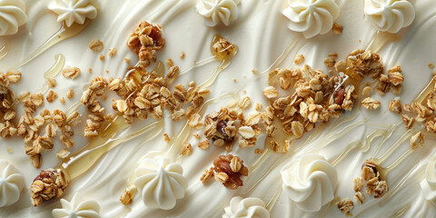 Close up of a delicious cake with white frosting and granola topping on a white plate