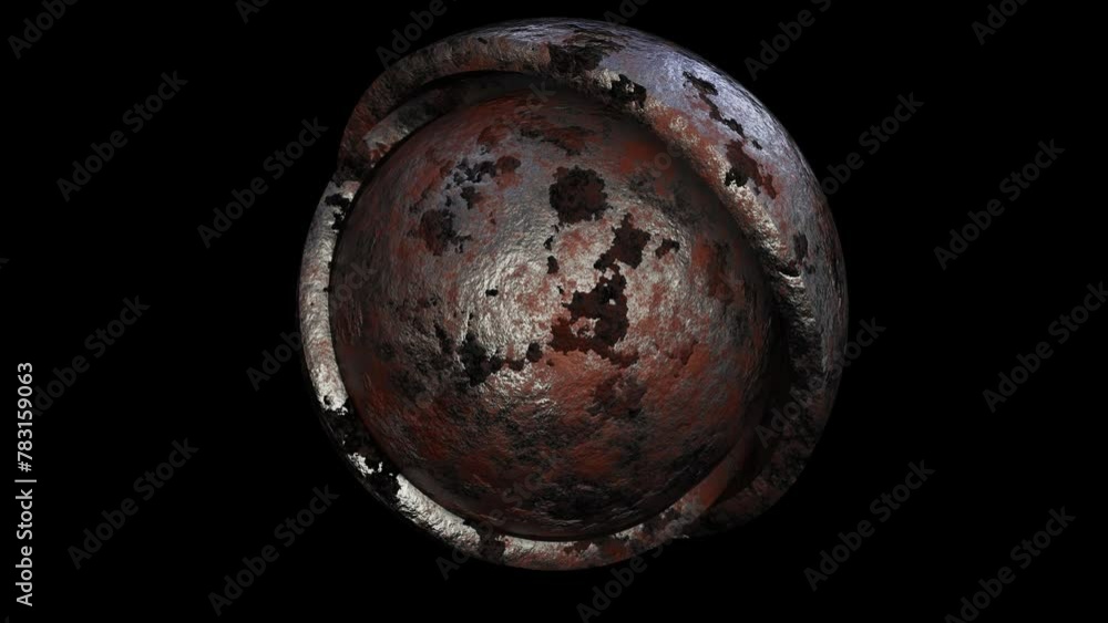 Aufkleber realistic looping 3d animation of the spinning aged metal sphere inside of two weathered corroded ru