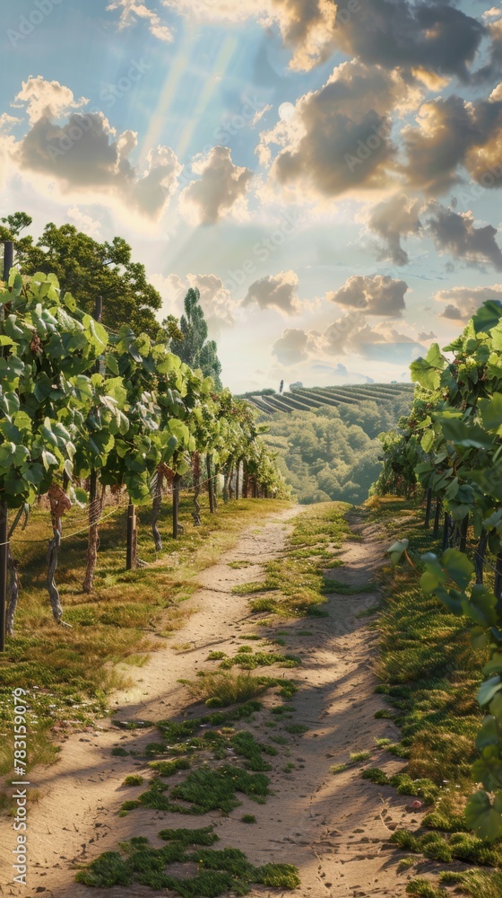 Poster A road runs through a vineyard with a cloudy sky in the background. The road is lined with grape vines and the sky is filled with clouds