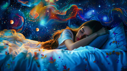 A beautiful young woman sleeping in bed, with a dreamy night background