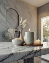 Obraz na płótnie Canvas Luxury bathroom interior with bathtub, soap dispenser candles and flowers. Mock up, 3D Rendering