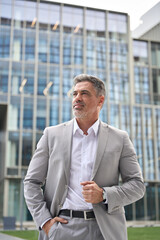 Happy confident rich middle aged business man, company ceo executive investor wearing suit standing outside office in city looking away thinking or future business success dream investment. Vertical. - 783159237