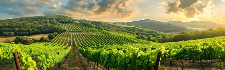 A vibrant sunset over rows of grapevines in a scenic vineyard, with the orange and purple hues...
