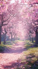 A dirt road meanders through a forest, lined with trees bearing pink flowers. The scene captures the beauty of nature in bloom during springtime.