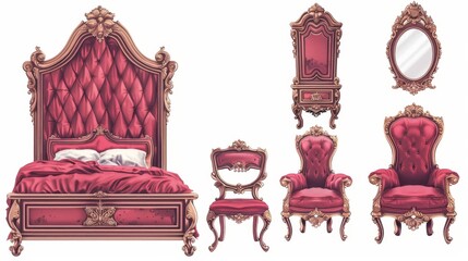 In this vintage Victorian bedroom, the princess bed is adorned with a vintage red mirror and an armchair. The setting looks like a baroque castle room with a princess bed, low furniture and a retro