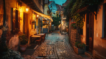 An old tavern on an old narrow paved street in a lovely old town in the evening