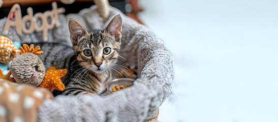  Kitten in shelter.Cute little tabby kitten sitting in the basket with word Adopt me. Close-up