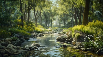 A detailed painting depicting a stream winding its way through a dense forest, with rich greens and...