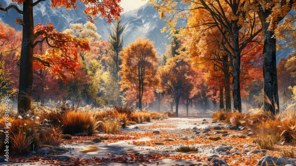 Poster a forest with trees in autumn colors. the leaves are falling and the ground is covered in them