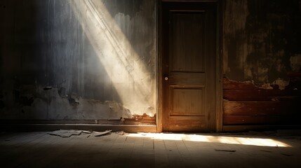 weathered open door with light - obrazy, fototapety, plakaty
