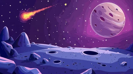 Fototapeten Galaxy background with planet, stars, and meteor in outer space. Nightscape of alien planet or moon with craters and a comet, modern cartoon illustration. © Mark