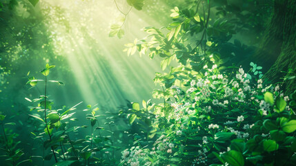 Obraz premium Beautiful green forest under a gentle morning light