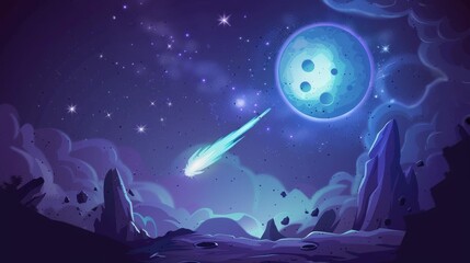 An alien planet in outer space with craters and comets flying in the night sky on top of a galaxy background with stars and meteors. Modern cartoon illustration.