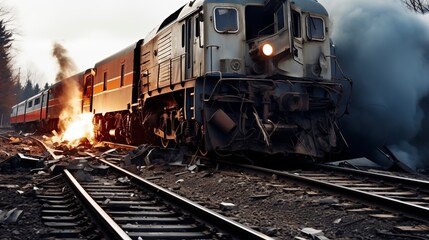 diesel locomotive derailed, careening off the tracks and colliding with a barrier some distance away, causing significant damage.
