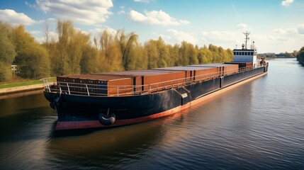 Inland waterway barge facilitates efficient cargo shipping, providing a vital transportation link for moving goods along rivers and canals.
