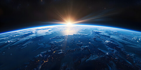 Obraz premium wide shot of the earth from space, blue horizon, black sky, bright sun in upper left corner, cinematic